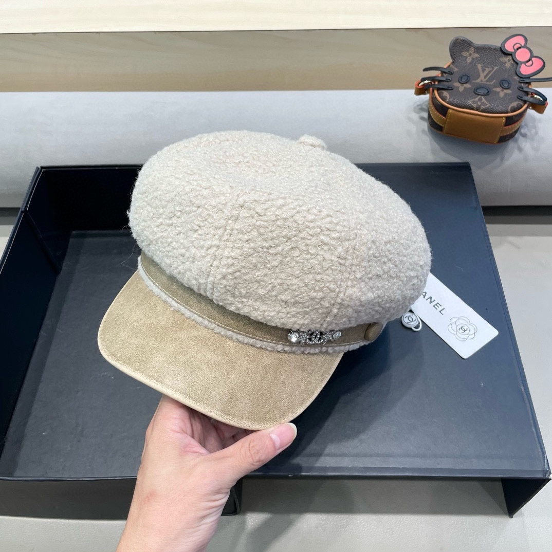 Chanel香奈儿羊羔绒八角帽女秋冬季毛加厚保暖鸭舌帽英伦复古潮流贝雷帽 ht