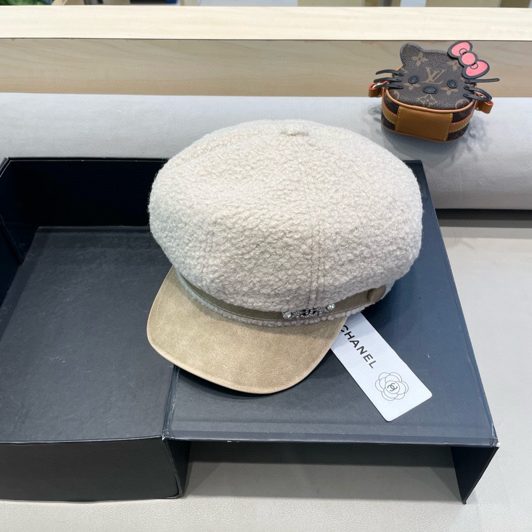 Chanel香奈儿羊羔绒八角帽女秋冬季毛加厚保暖鸭舌帽英伦复古潮流贝雷帽 ht
