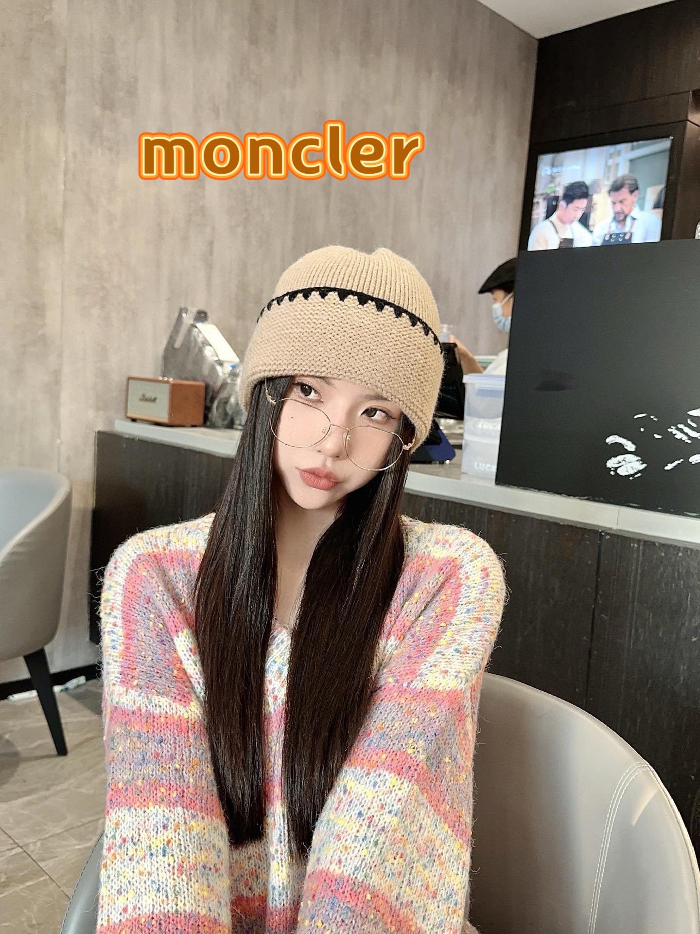 moncler陈奶奶简约百搭撞色细织毛线帽女秋冬显脸小针织帽保暖包头冷帽