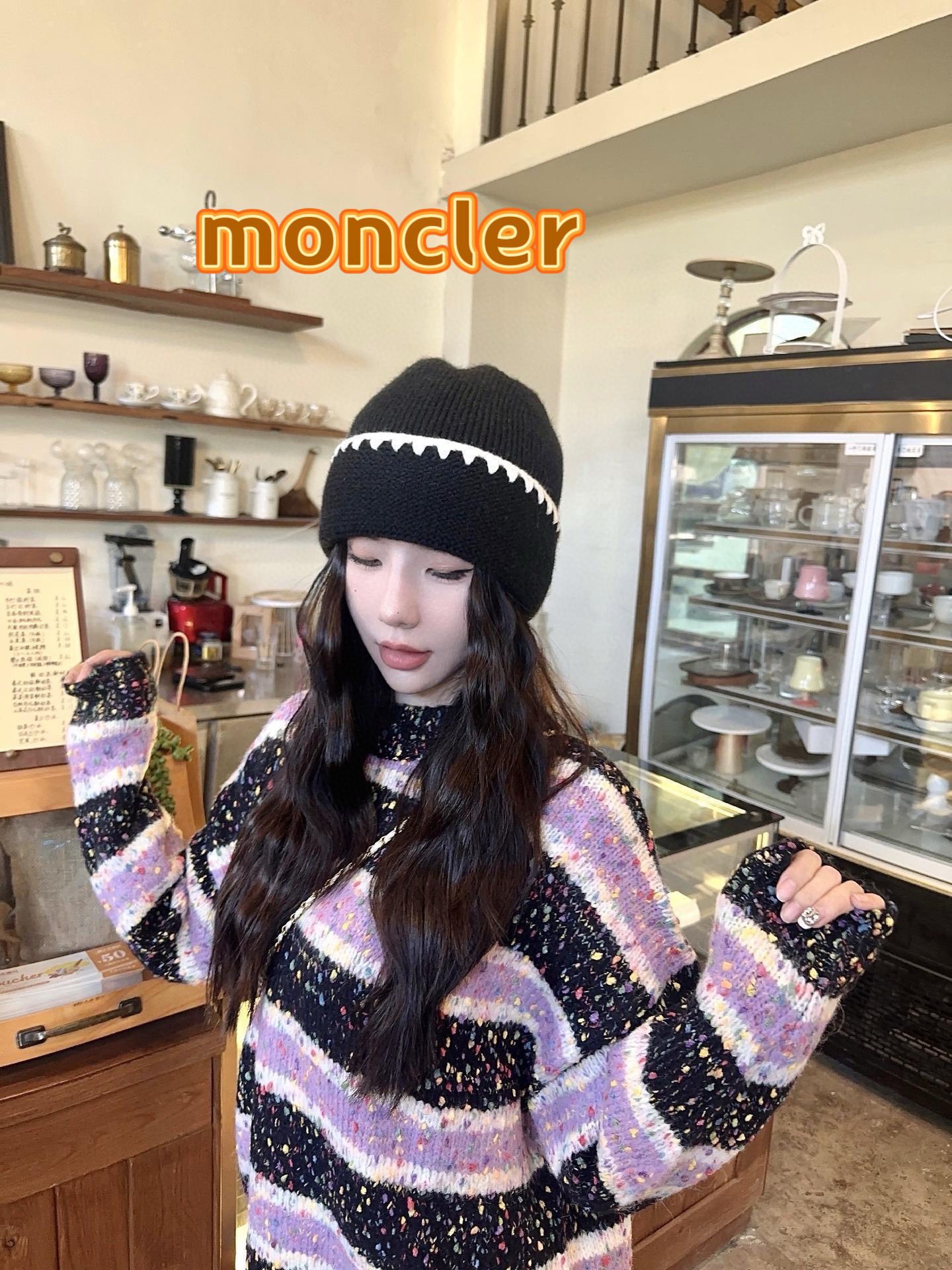 moncler陈奶奶简约百搭撞色细织毛线帽女秋冬显脸小针织帽保暖包头冷帽