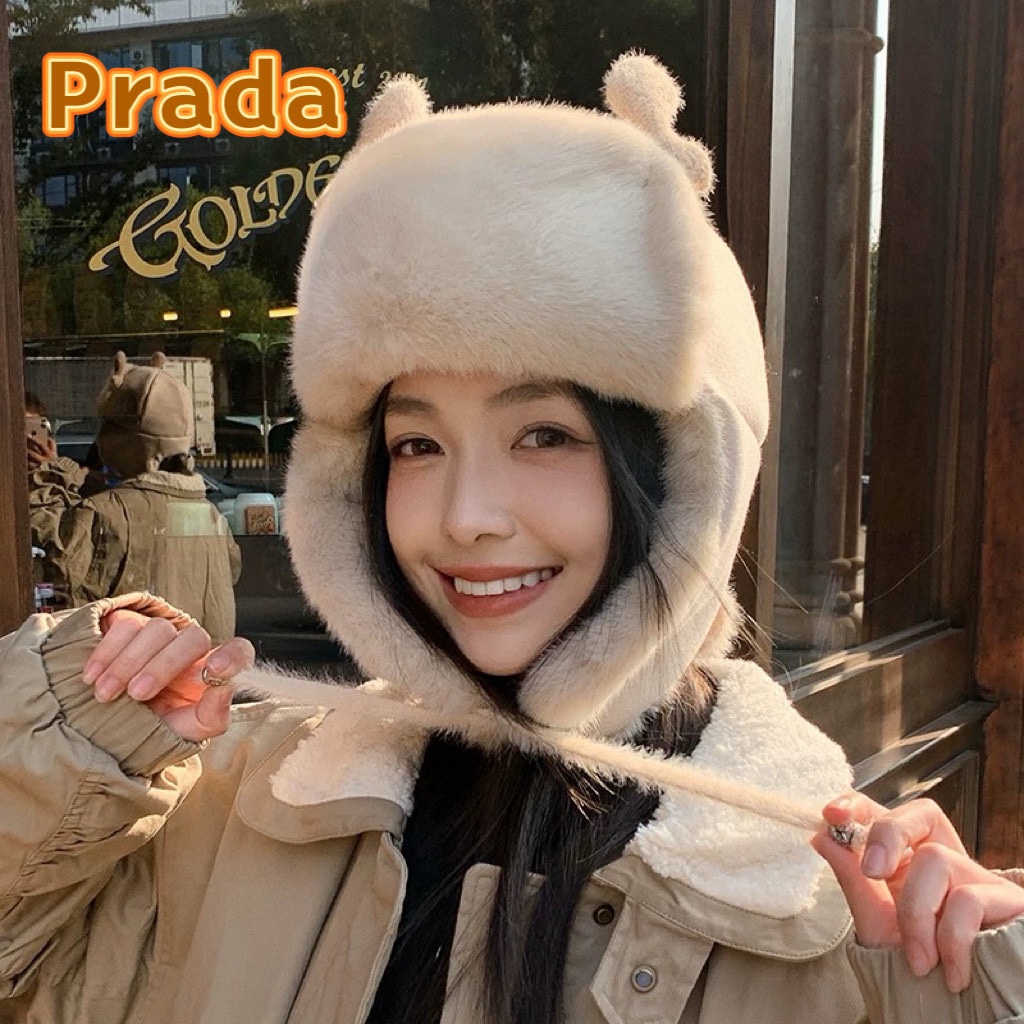 普拉达Prada2024年冬季新款加厚保暖遮侧脸可爱鹿角雷锋帽子女骑车百搭护耳帽