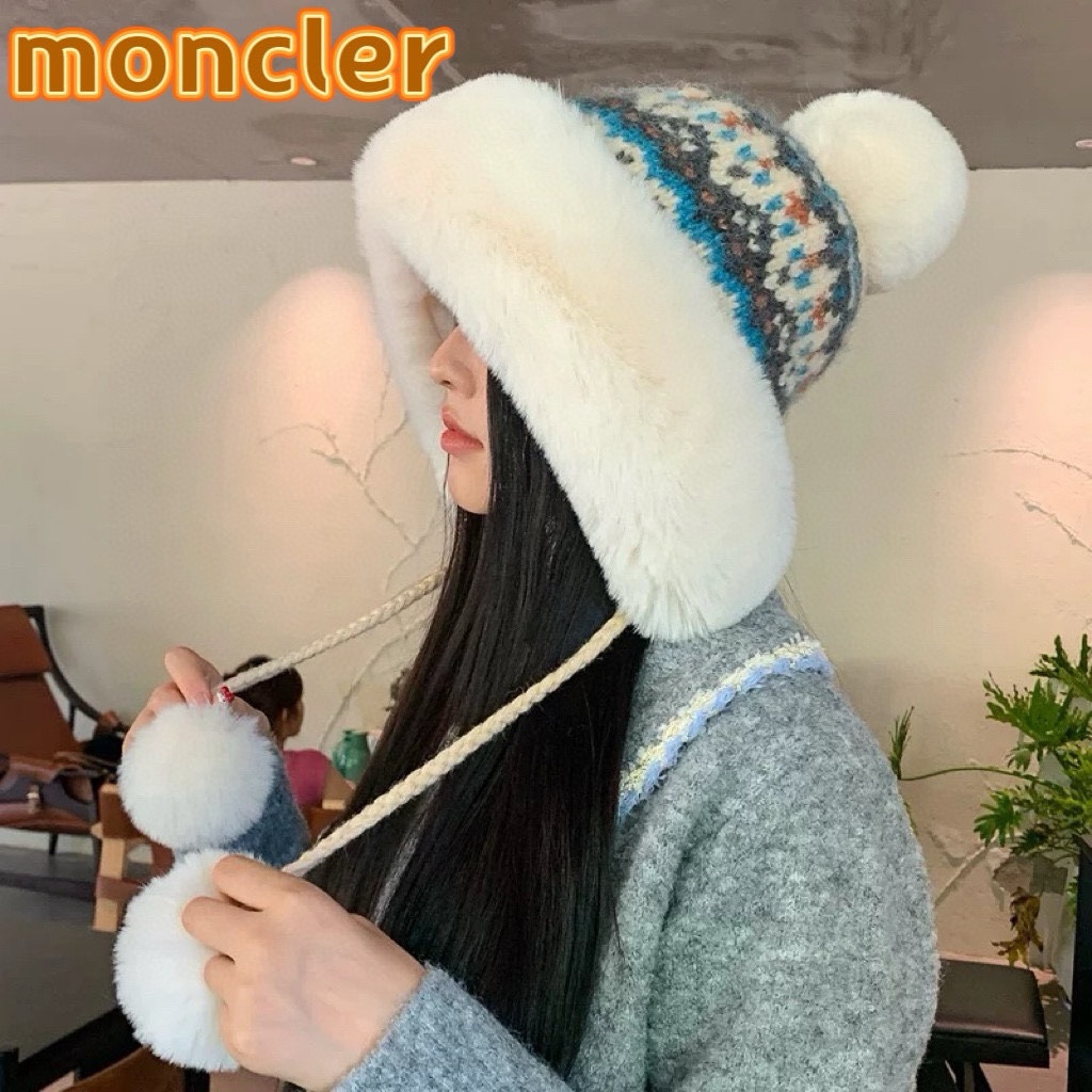 Moncler蒙口冬季加绒保暖护耳雷锋帽毛绒毛球套头帽时尚百搭针织毛线帽子女潮