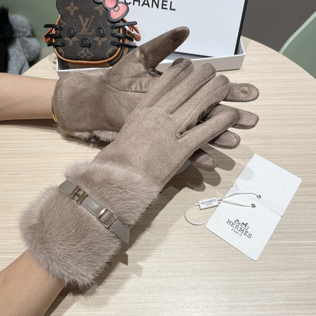 爱马仕Hermes麂皮绒手套女冬季骑行电动车加绒加厚防寒保暖毛绒防风手套可触屏