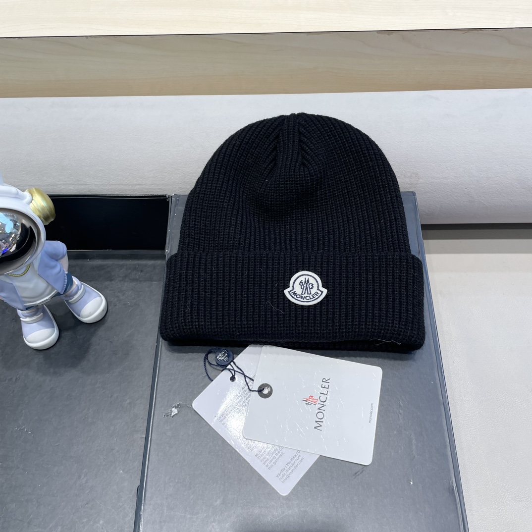 moncler美式针织冷帽大头围毛线帽子女保暖堆堆帽大脸显脸小护耳帽黑