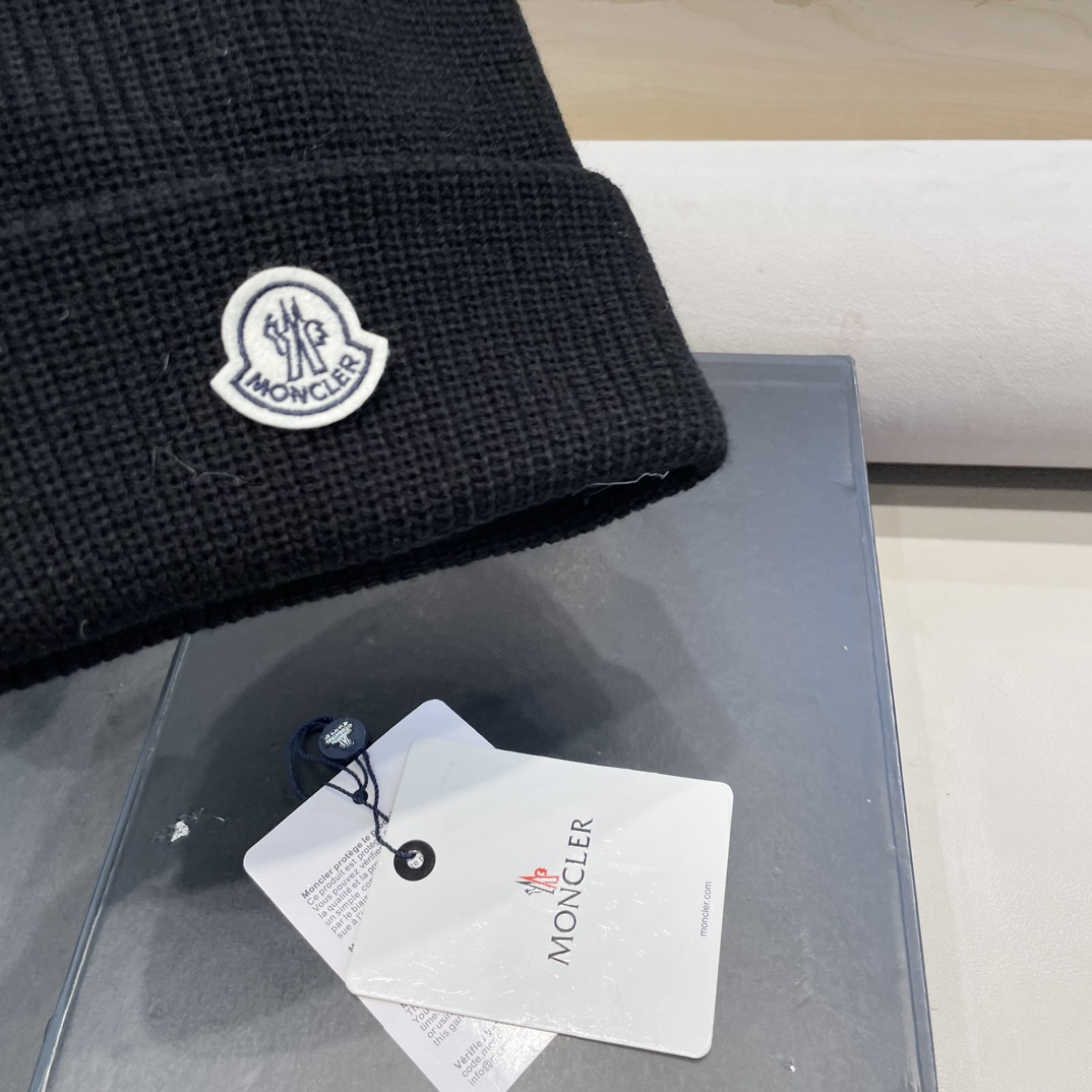 moncler美式针织冷帽大头围毛线帽子女保暖堆堆帽大脸显脸小护耳帽黑