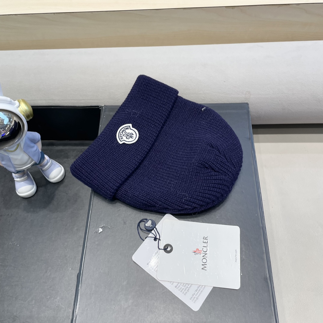 moncler美式针织冷帽大头围毛线帽子女保暖堆堆帽大脸显脸小护耳帽黑