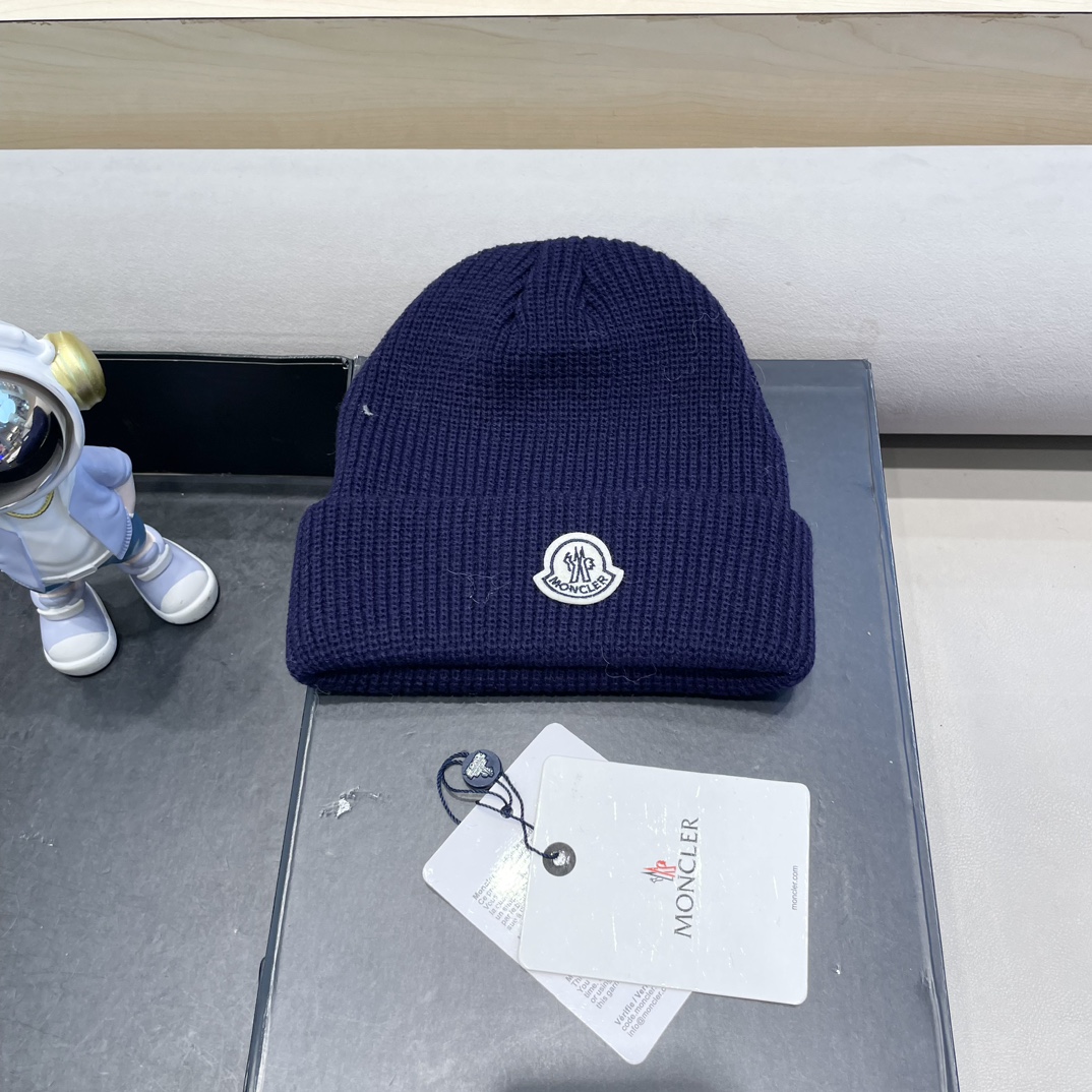 moncler美式针织冷帽大头围毛线帽子女保暖堆堆帽大脸显脸小护耳帽黑