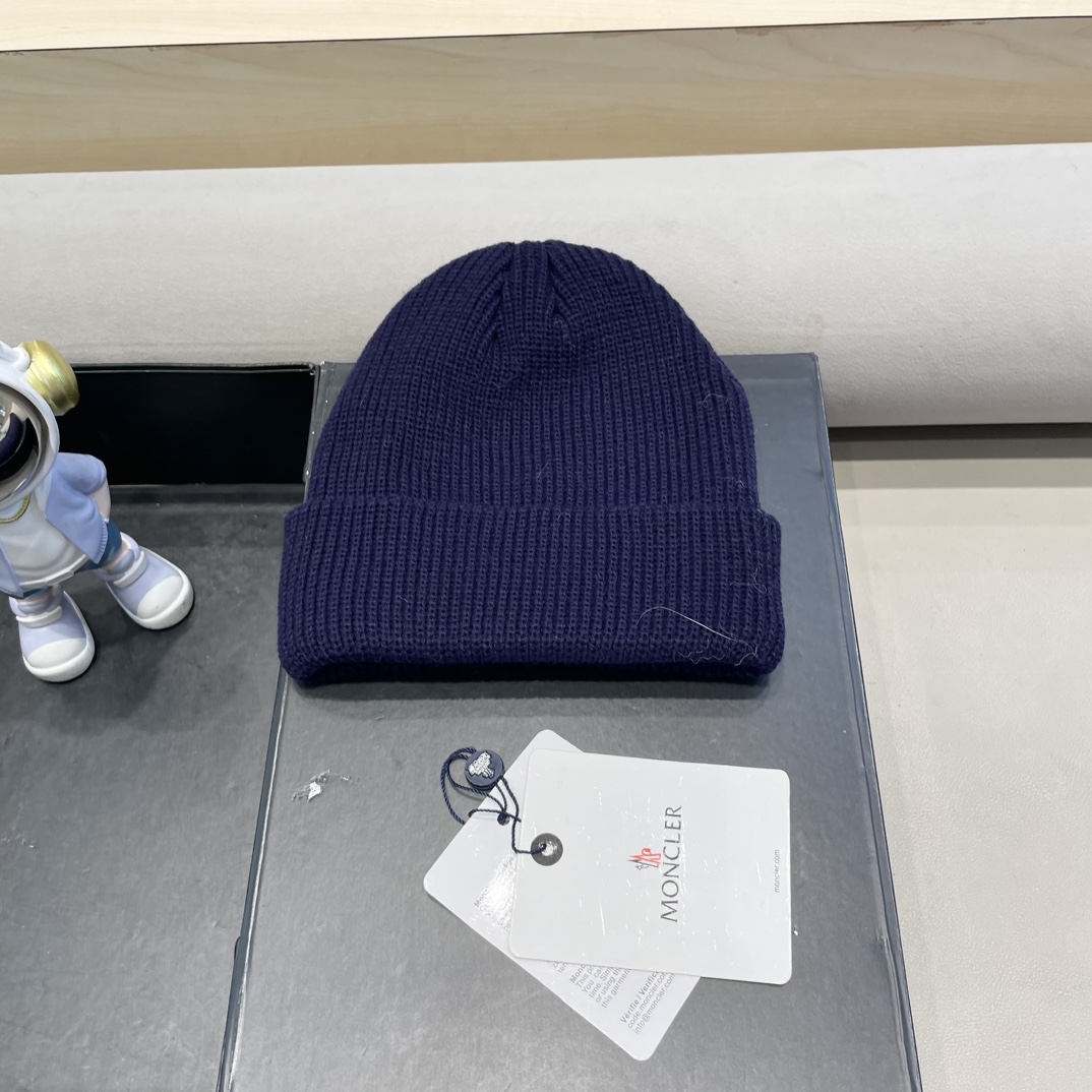 moncler美式针织冷帽大头围毛线帽子女保暖堆堆帽大脸显脸小护耳帽黑