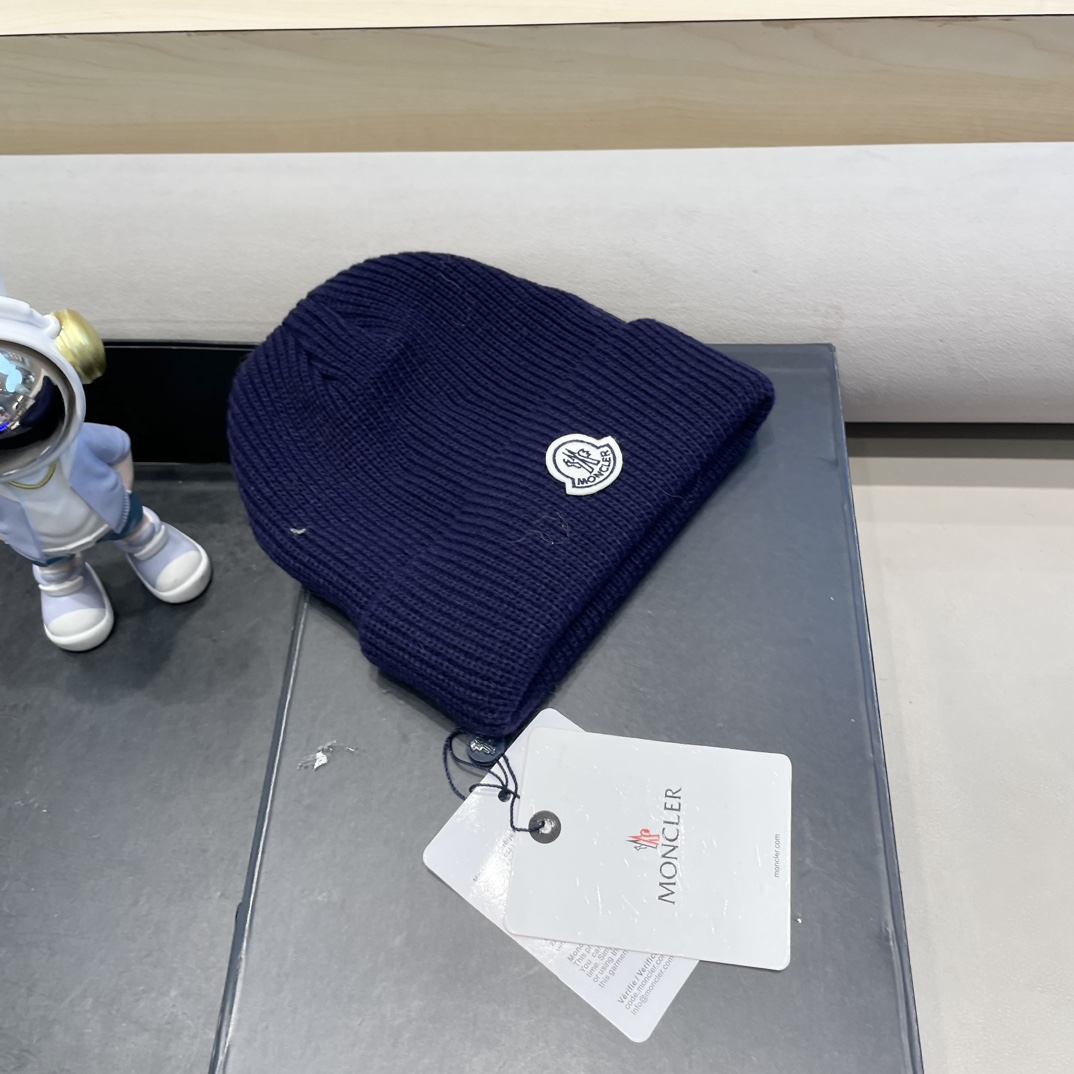 moncler美式针织冷帽大头围毛线帽子女保暖堆堆帽大脸显脸小护耳帽黑