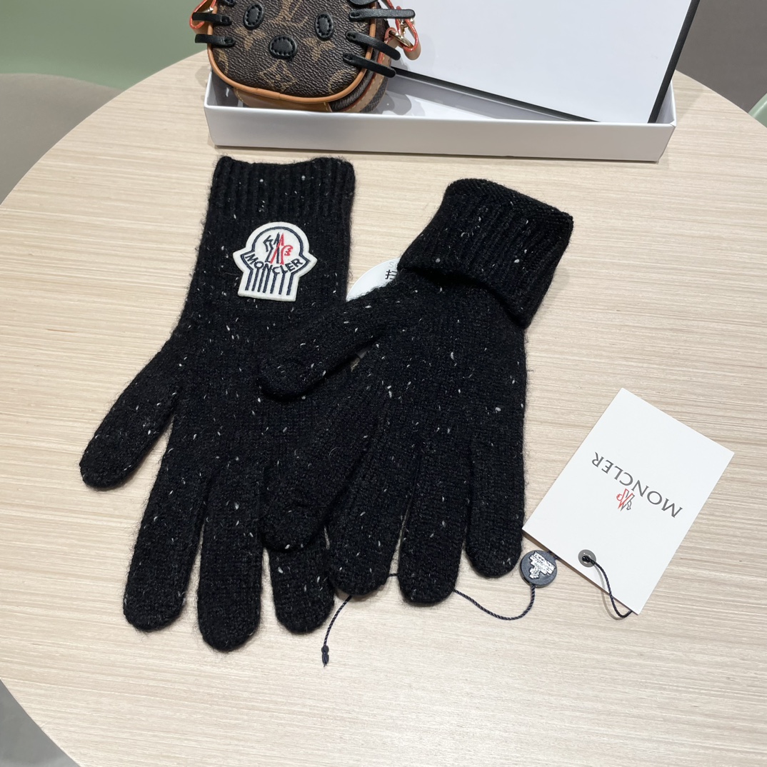 moncler2025新款韩版百搭雾蓝色针织手套女秋冬季保暖分指触屏加长手套潮