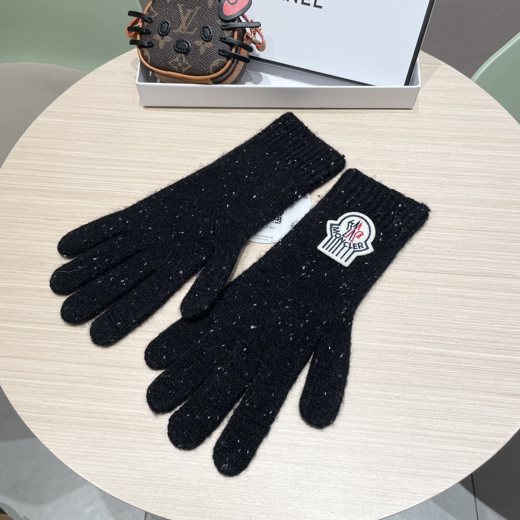 moncler2025新款韩版百搭雾蓝色针织手套女秋冬季保暖分指触屏加长手套潮