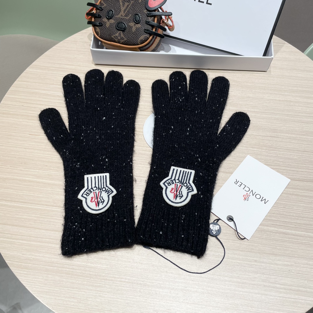 moncler2025新款韩版百搭雾蓝色针织手套女秋冬季保暖分指触屏加长手套潮