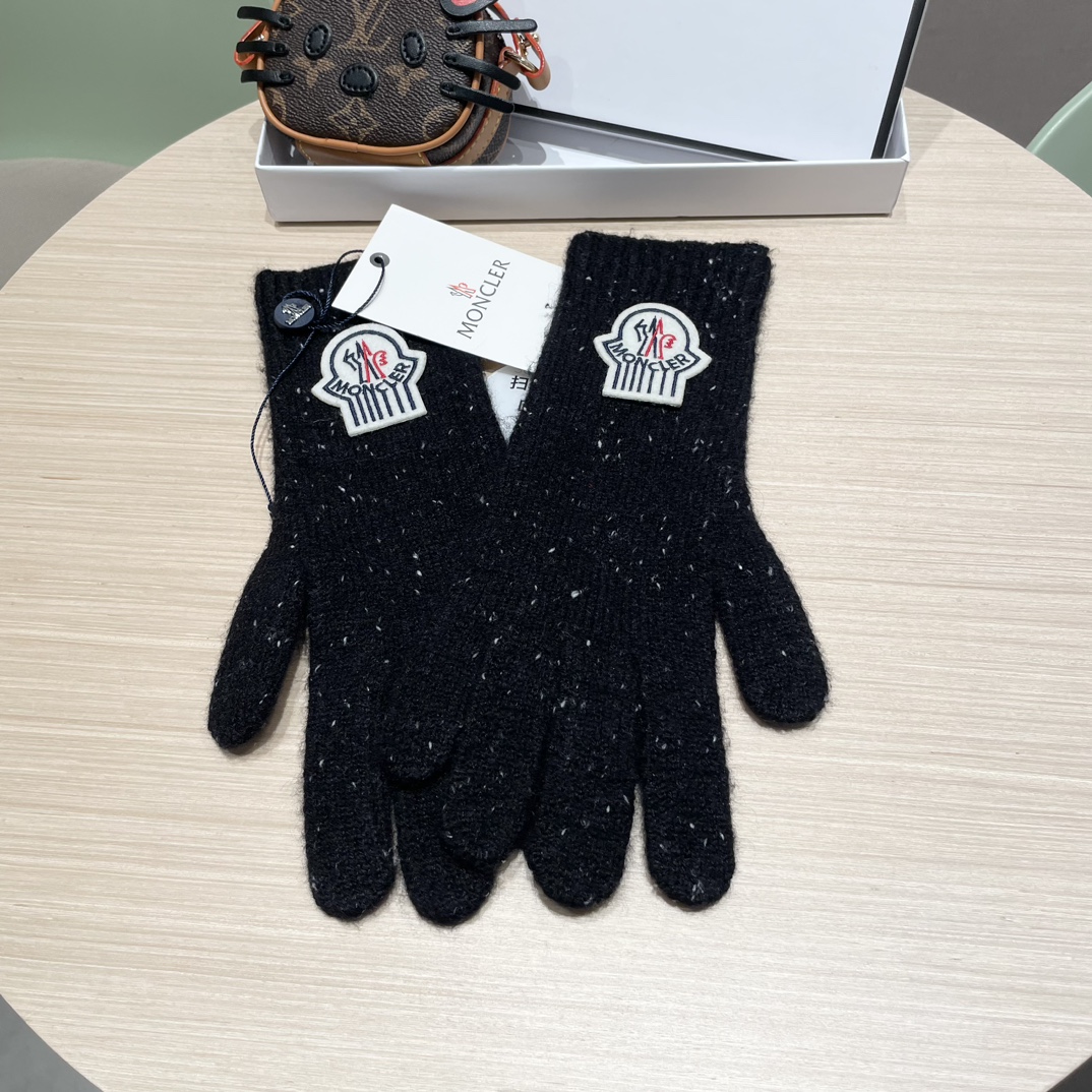 moncler2025新款韩版百搭雾蓝色针织手套女秋冬季保暖分指触屏加长手套潮