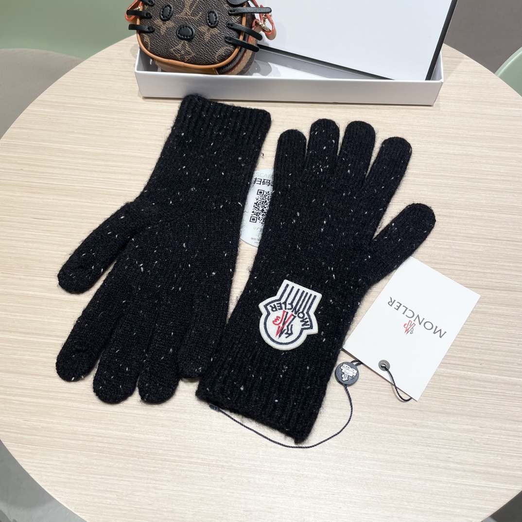 moncler2025新款韩版百搭雾蓝色针织手套女秋冬季保暖分指触屏加长手套潮