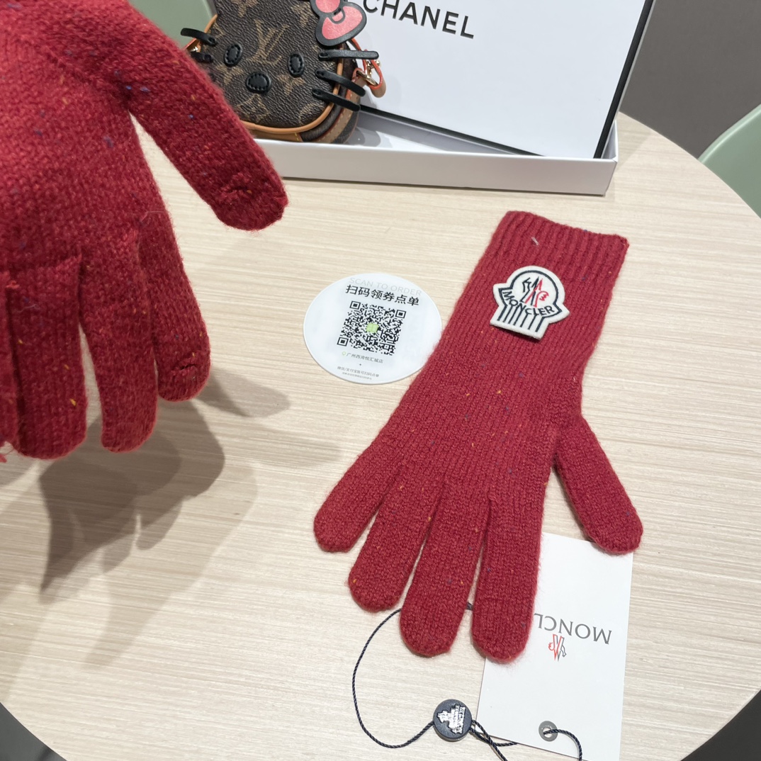 moncler2025新款韩版百搭雾蓝色针织手套女秋冬季保暖分指触屏加长手套潮