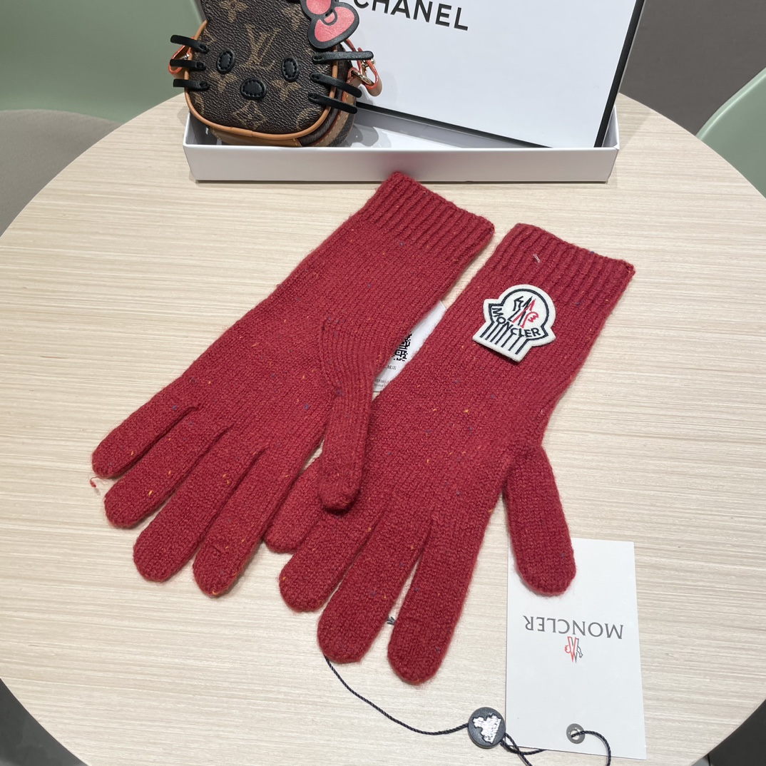 moncler2025新款韩版百搭雾蓝色针织手套女秋冬季保暖分指触屏加长手套潮