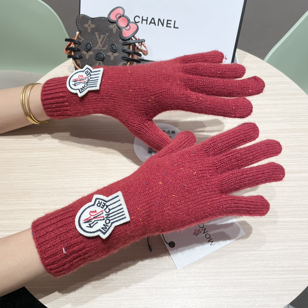 moncler2025新款韩版百搭雾蓝色针织手套女秋冬季保暖分指触屏加长手套潮