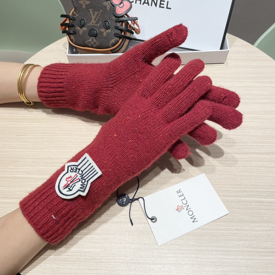 moncler2025新款韩版百搭雾蓝色针织手套女秋冬季保暖分指触屏加长手套潮