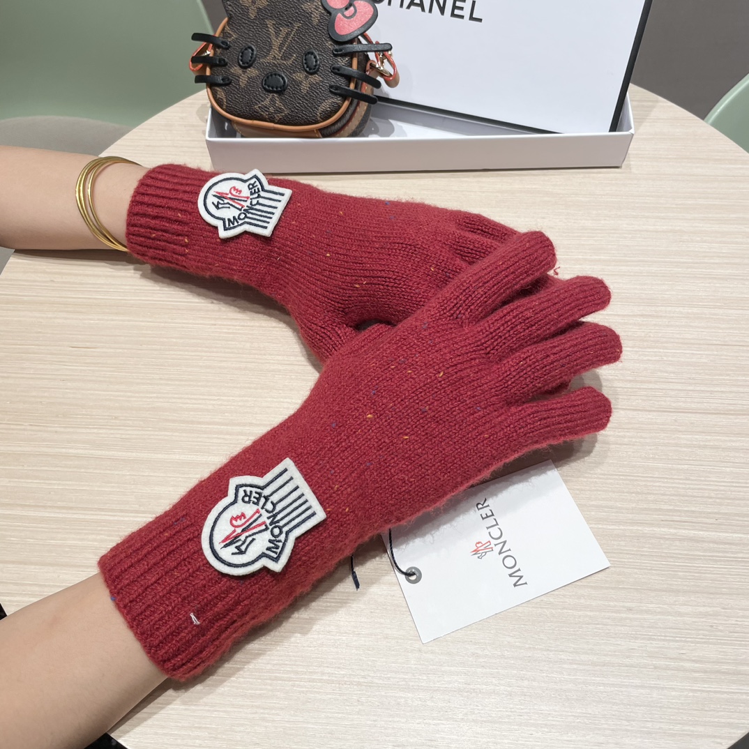 moncler2025新款韩版百搭雾蓝色针织手套女秋冬季保暖分指触屏加长手套潮