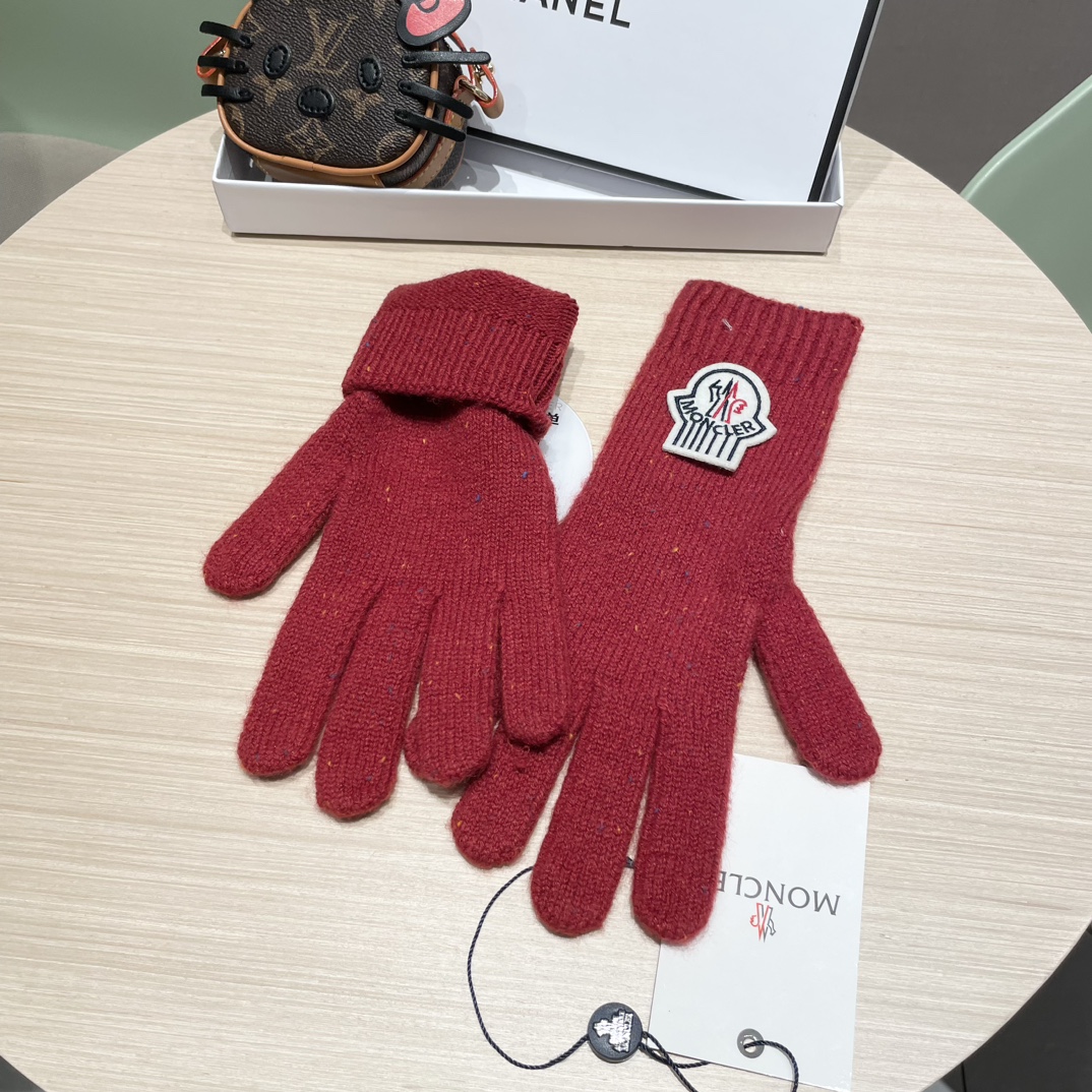 moncler2025新款韩版百搭雾蓝色针织手套女秋冬季保暖分指触屏加长手套潮