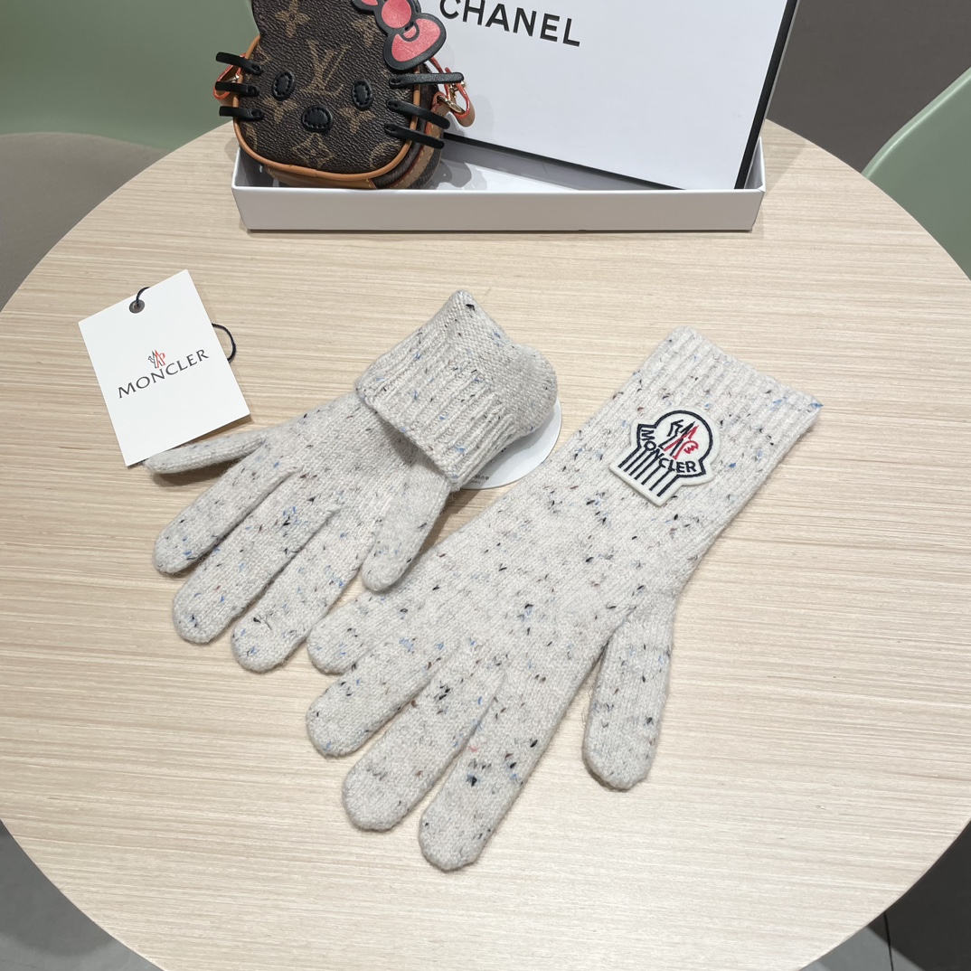 moncler2025新款韩版百搭雾蓝色针织手套女秋冬季保暖分指触屏加长手套潮