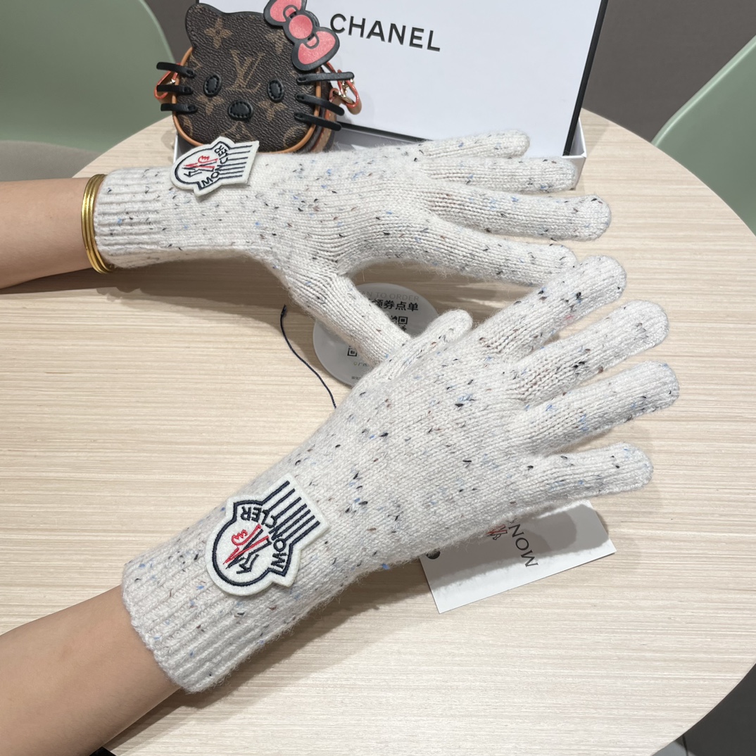 moncler2025新款韩版百搭雾蓝色针织手套女秋冬季保暖分指触屏加长手套潮