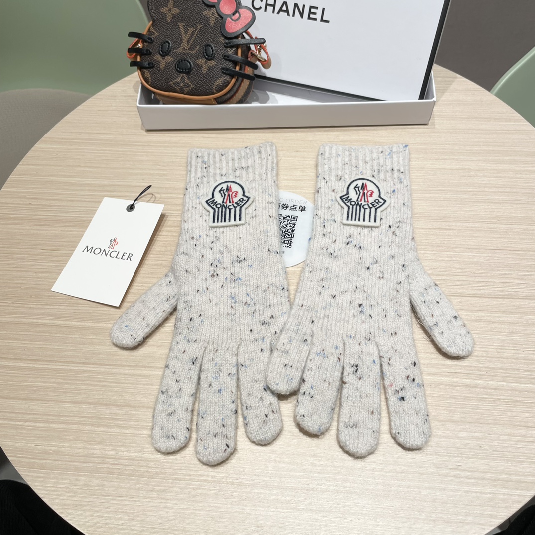 moncler2025新款韩版百搭雾蓝色针织手套女秋冬季保暖分指触屏加长手套潮
