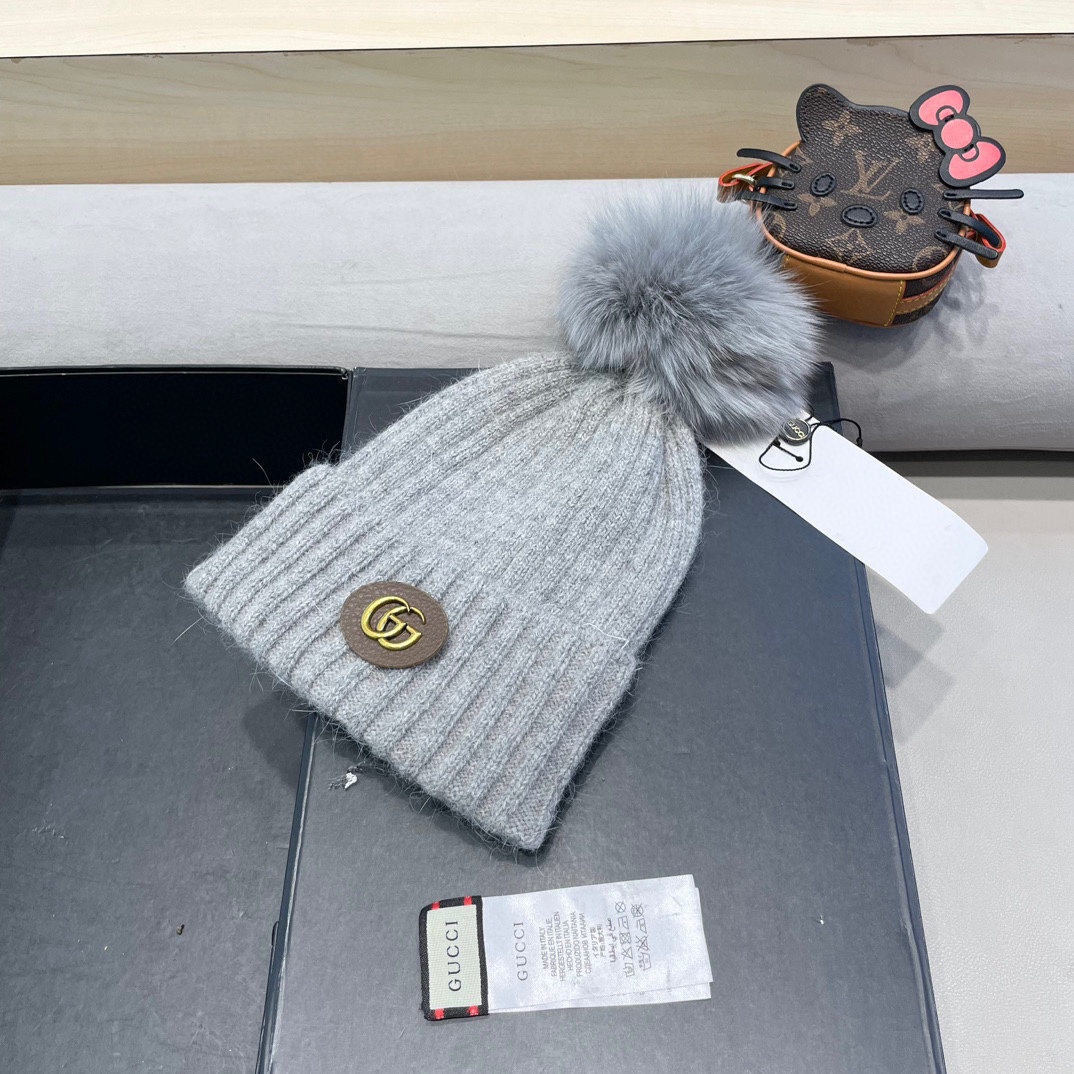 Gucci帽子女秋冬天韩国狐狸毛球帽休闲百搭保暖毛线帽加厚亲子针织帽潮