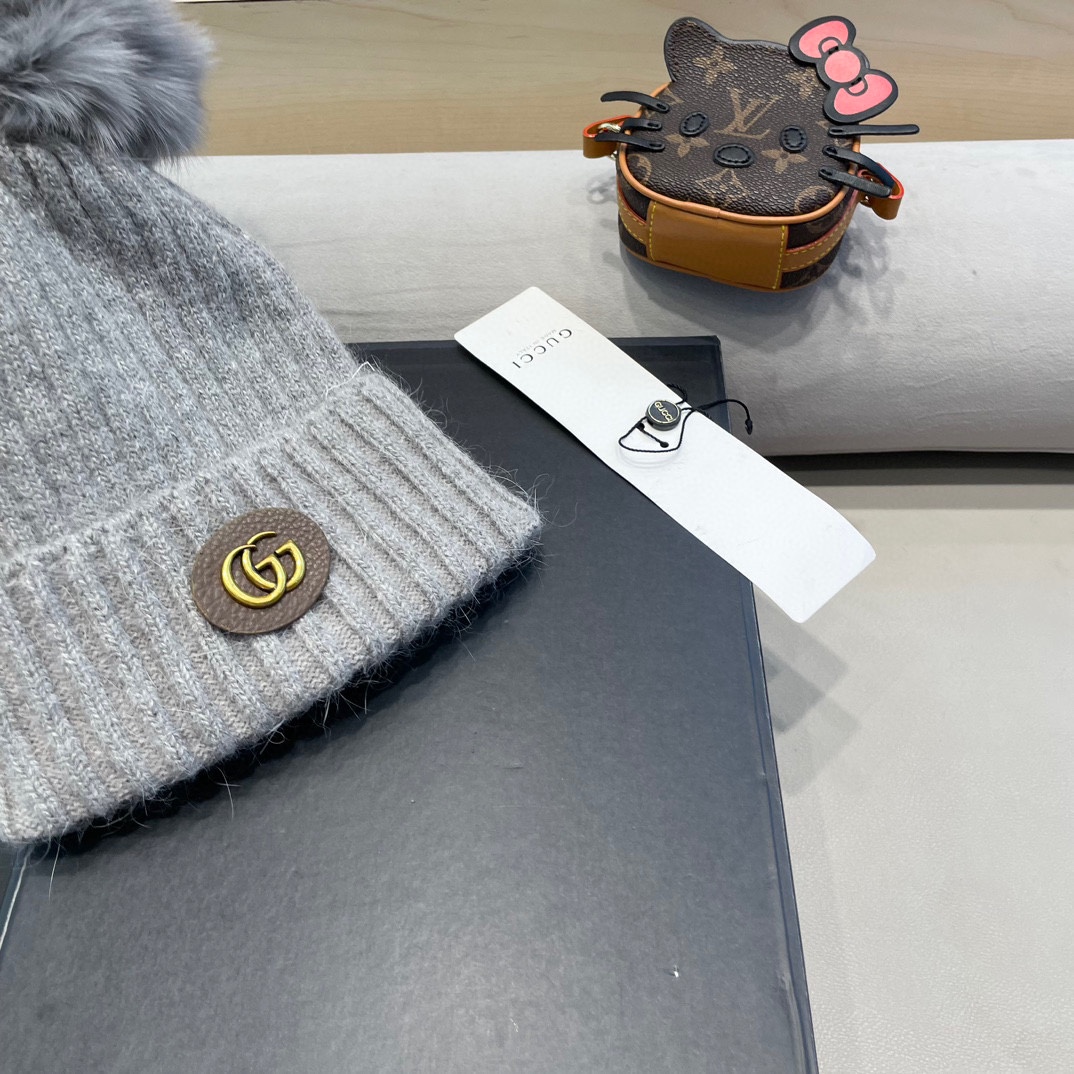 Gucci帽子女秋冬天韩国狐狸毛球帽休闲百搭保暖毛线帽加厚亲子针织帽潮