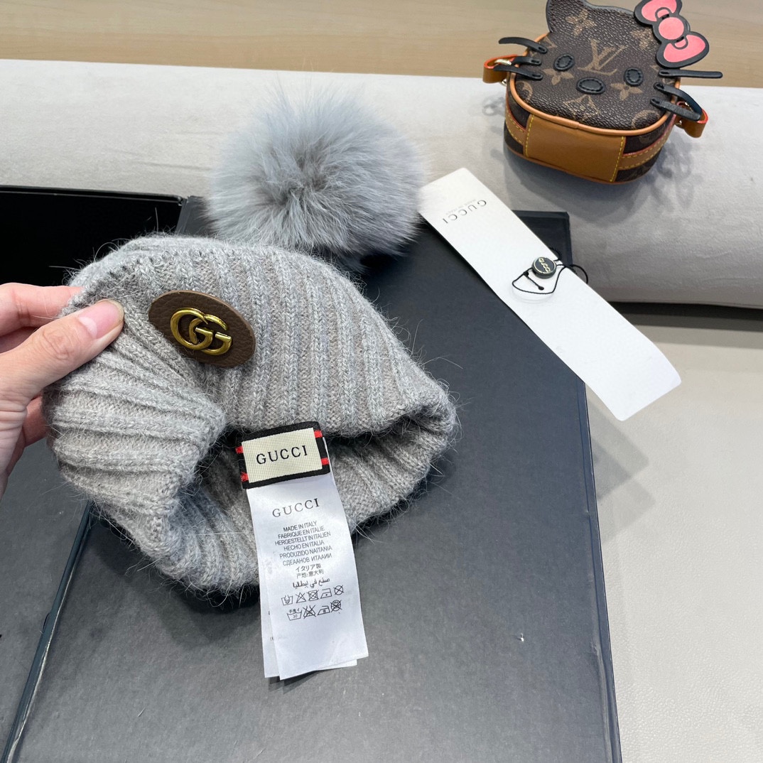 Gucci帽子女秋冬天韩国狐狸毛球帽休闲百搭保暖毛线帽加厚亲子针织帽潮