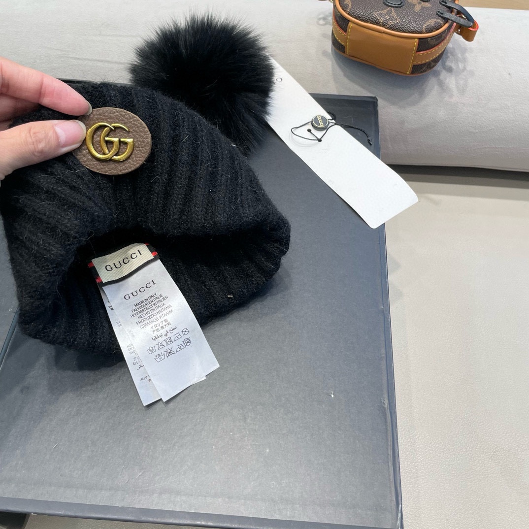Gucci帽子女秋冬天韩国狐狸毛球帽休闲百搭保暖毛线帽加厚亲子针织帽潮
