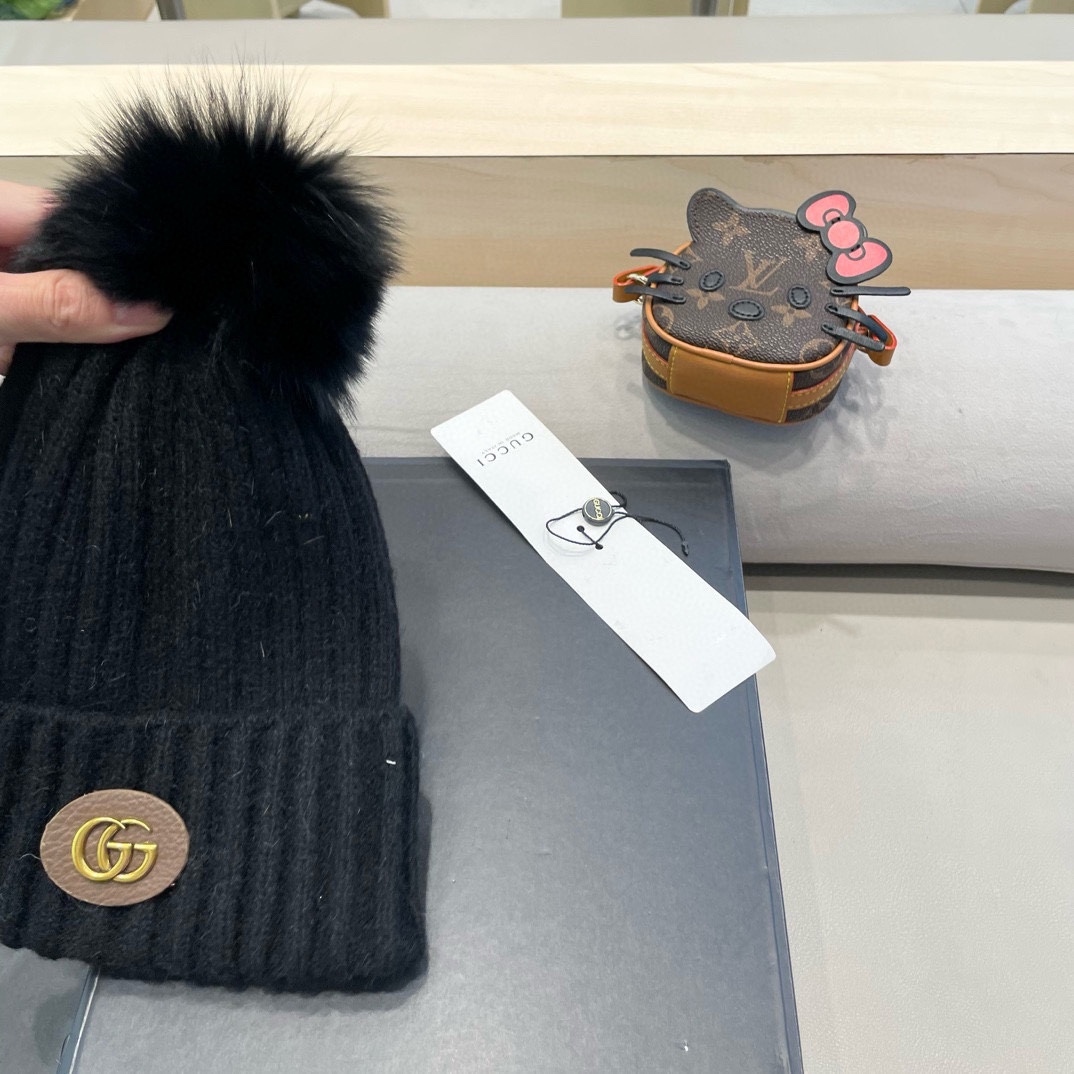 Gucci帽子女秋冬天韩国狐狸毛球帽休闲百搭保暖毛线帽加厚亲子针织帽潮