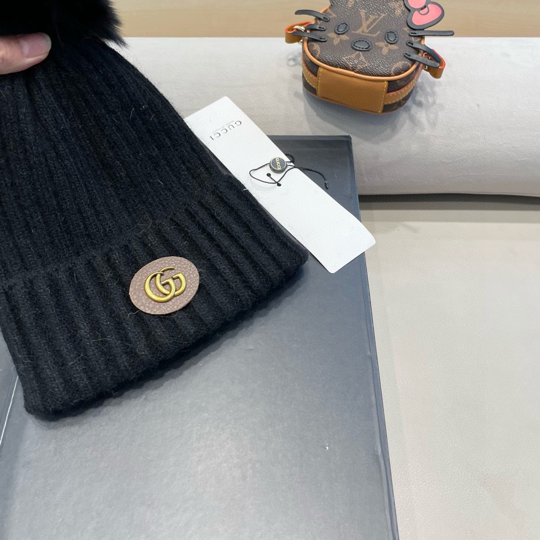 Gucci帽子女秋冬天韩国狐狸毛球帽休闲百搭保暖毛线帽加厚亲子针织帽潮