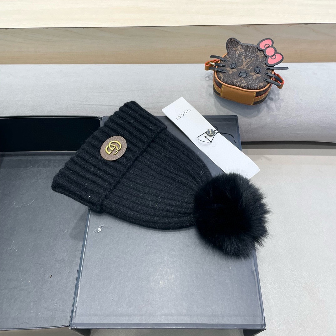 Gucci帽子女秋冬天韩国狐狸毛球帽休闲百搭保暖毛线帽加厚亲子针织帽潮