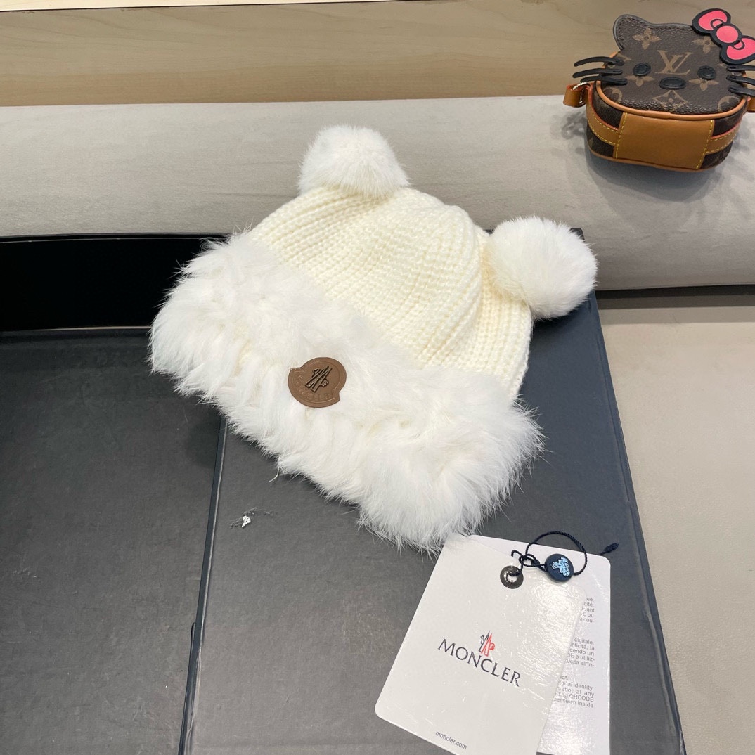 moncler毛绒针织帽子女冬季新款防寒保暖可爱小熊护耳帽加厚加绒帽子