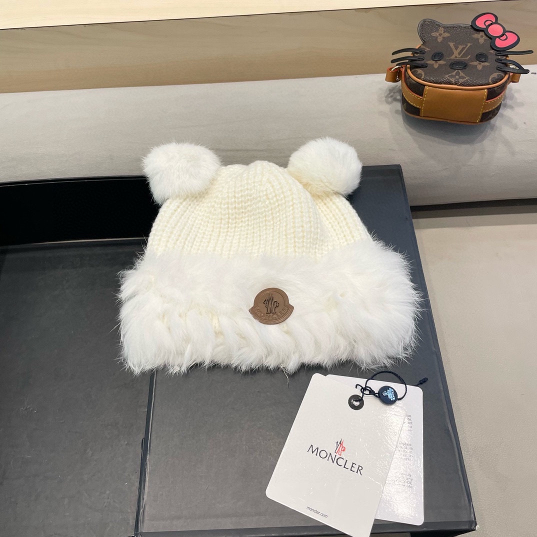 moncler毛绒针织帽子女冬季新款防寒保暖可爱小熊护耳帽加厚加绒帽子