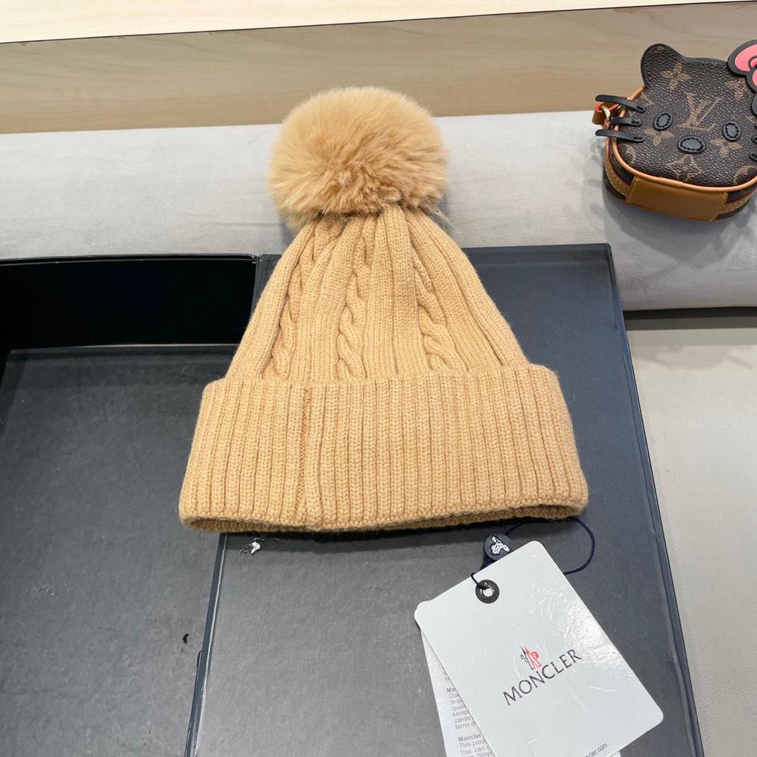 moncler新款秋冬季女可爱加绒加厚保暖毛球针织护耳冬天套头毛线帽子