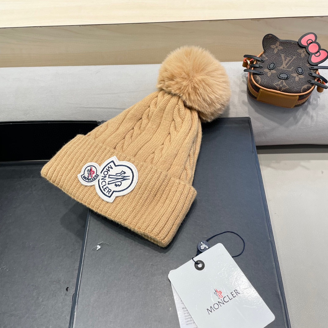 moncler新款秋冬季女可爱加绒加厚保暖毛球针织护耳冬天套头毛线帽子