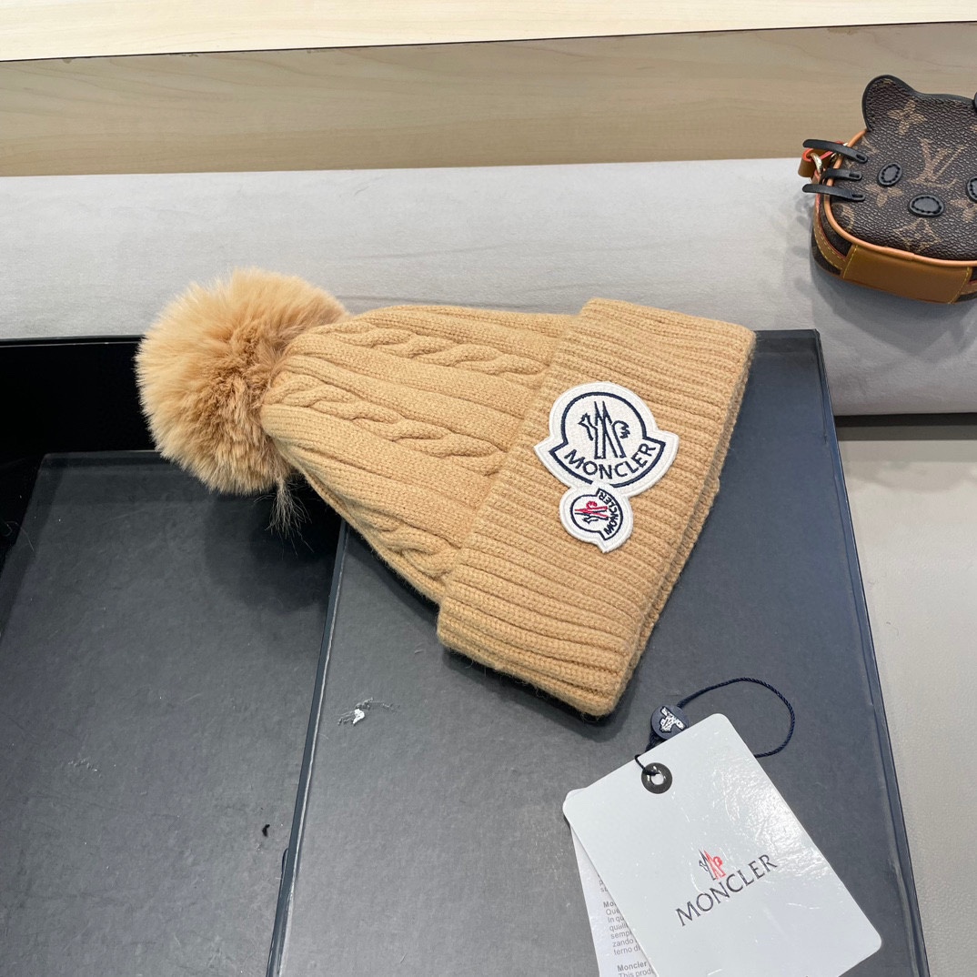 moncler新款秋冬季女可爱加绒加厚保暖毛球针织护耳冬天套头毛线帽子