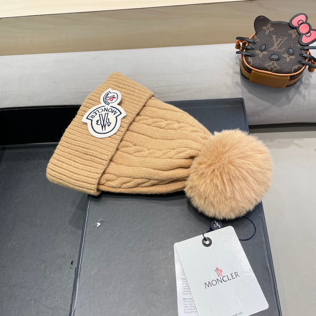 moncler新款秋冬季女可爱加绒加厚保暖毛球针织护耳冬天套头毛线帽子