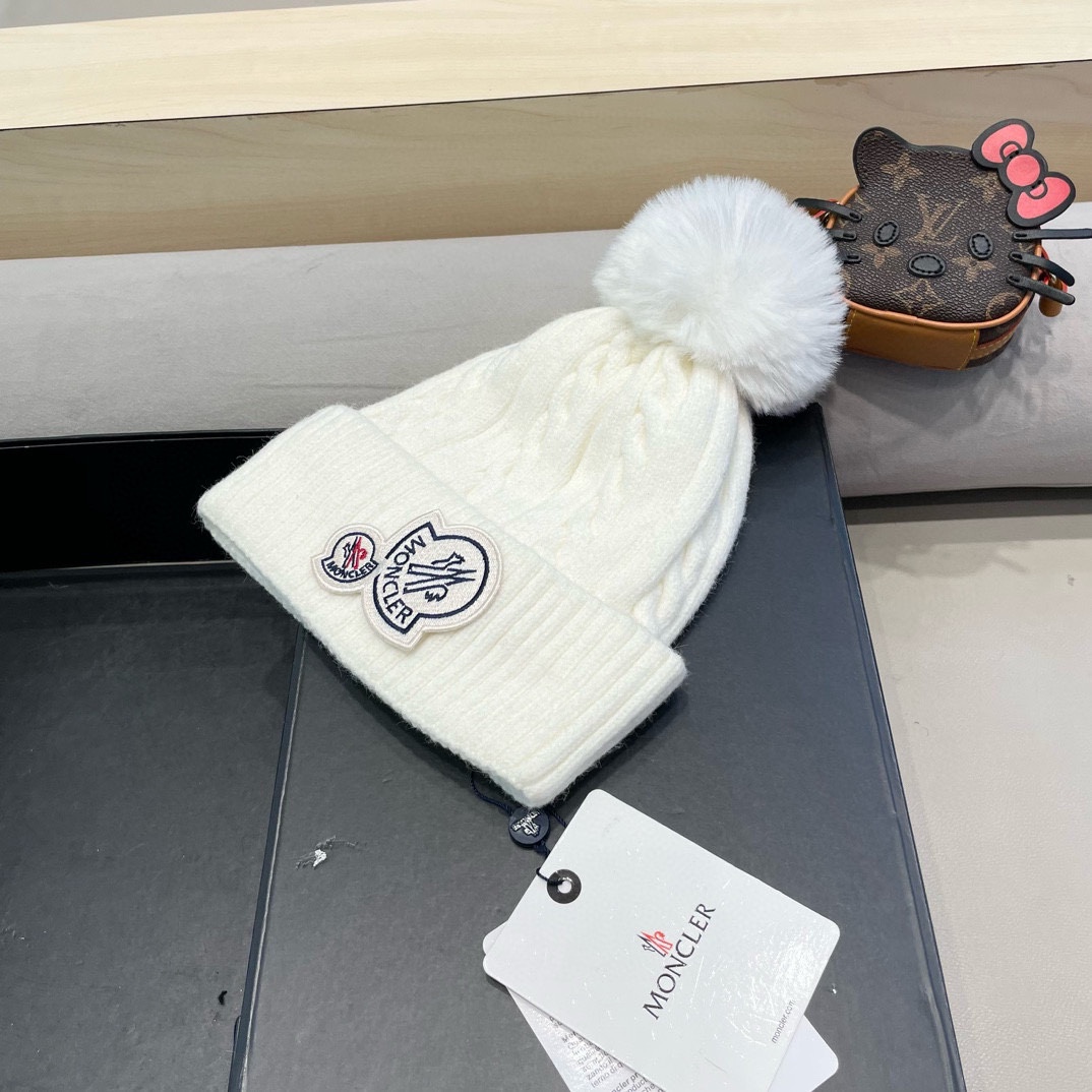 moncler新款秋冬季女可爱加绒加厚保暖毛球针织护耳冬天套头毛线帽子