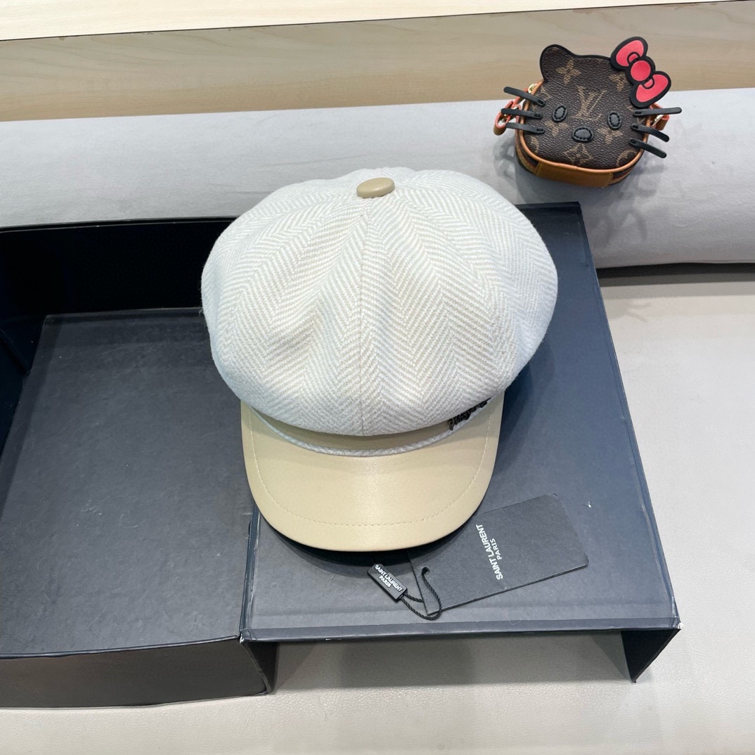 圣罗兰PU皮檐画家帽名媛风立体帽型八角帽日系复古贝雷帽毛呢报童帽秋冬