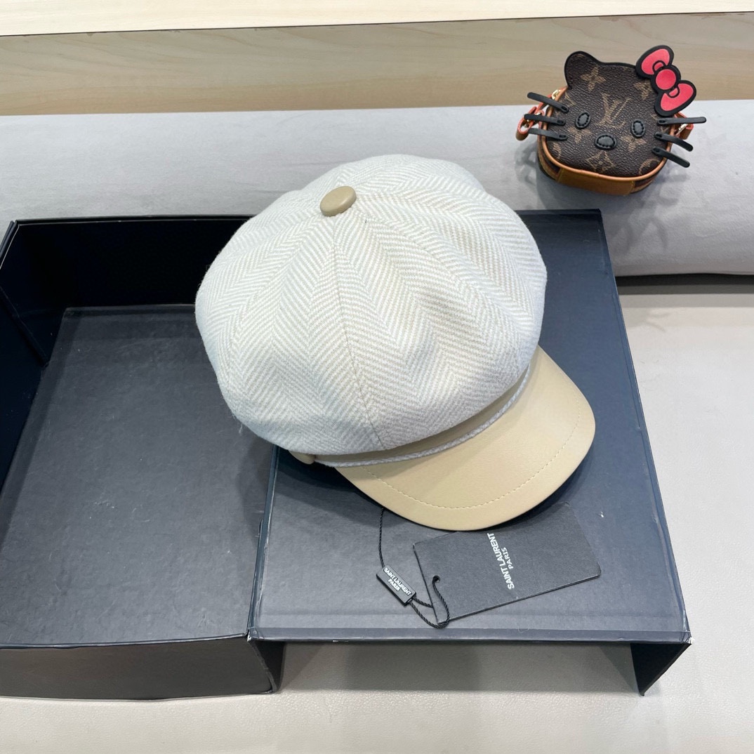 圣罗兰PU皮檐画家帽名媛风立体帽型八角帽日系复古贝雷帽毛呢报童帽秋冬