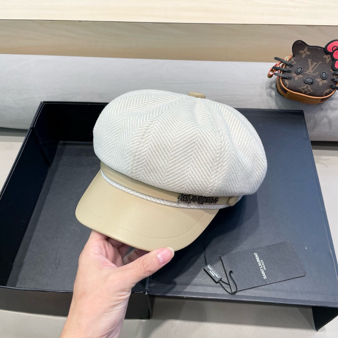 圣罗兰PU皮檐画家帽名媛风立体帽型八角帽日系复古贝雷帽毛呢报童帽秋冬