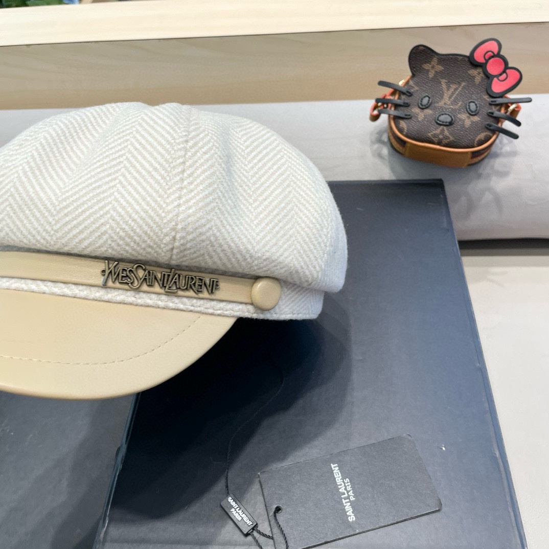 圣罗兰PU皮檐画家帽名媛风立体帽型八角帽日系复古贝雷帽毛呢报童帽秋冬