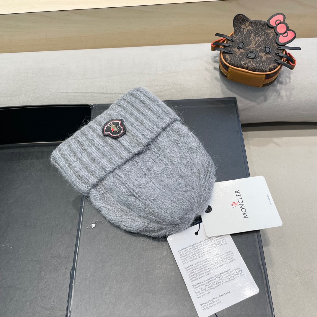 moncler毛线帽 女秋冬大头围可爱粉色兔毛女款冬天百搭麻花护耳针织帽子