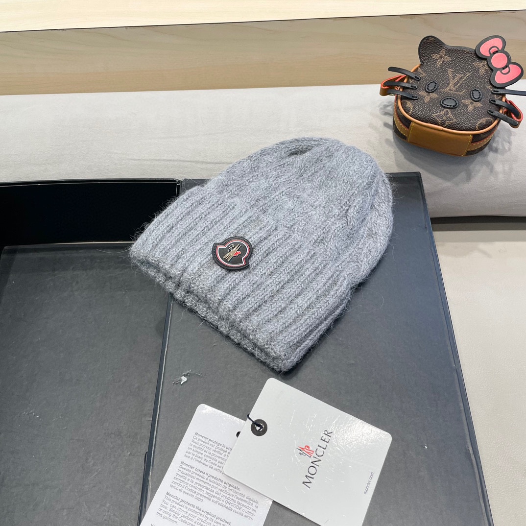 moncler毛线帽 女秋冬大头围可爱粉色兔毛女款冬天百搭麻花护耳针织帽子