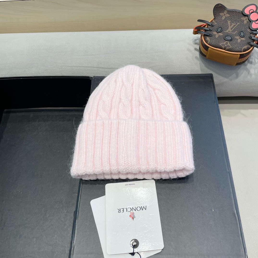 moncler毛线帽 女秋冬大头围可爱粉色兔毛女款冬天百搭麻花护耳针织帽子