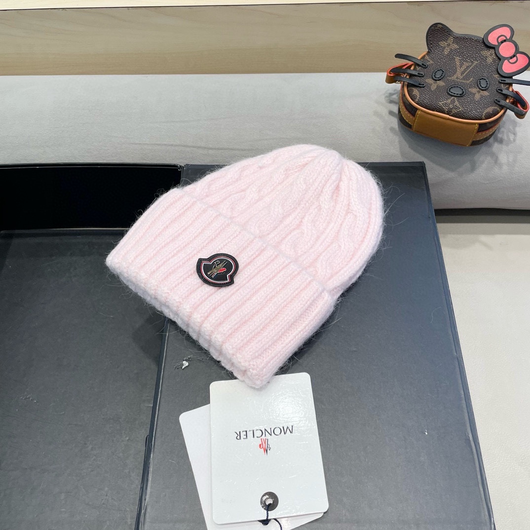 moncler毛线帽 女秋冬大头围可爱粉色兔毛女款冬天百搭麻花护耳针织帽子