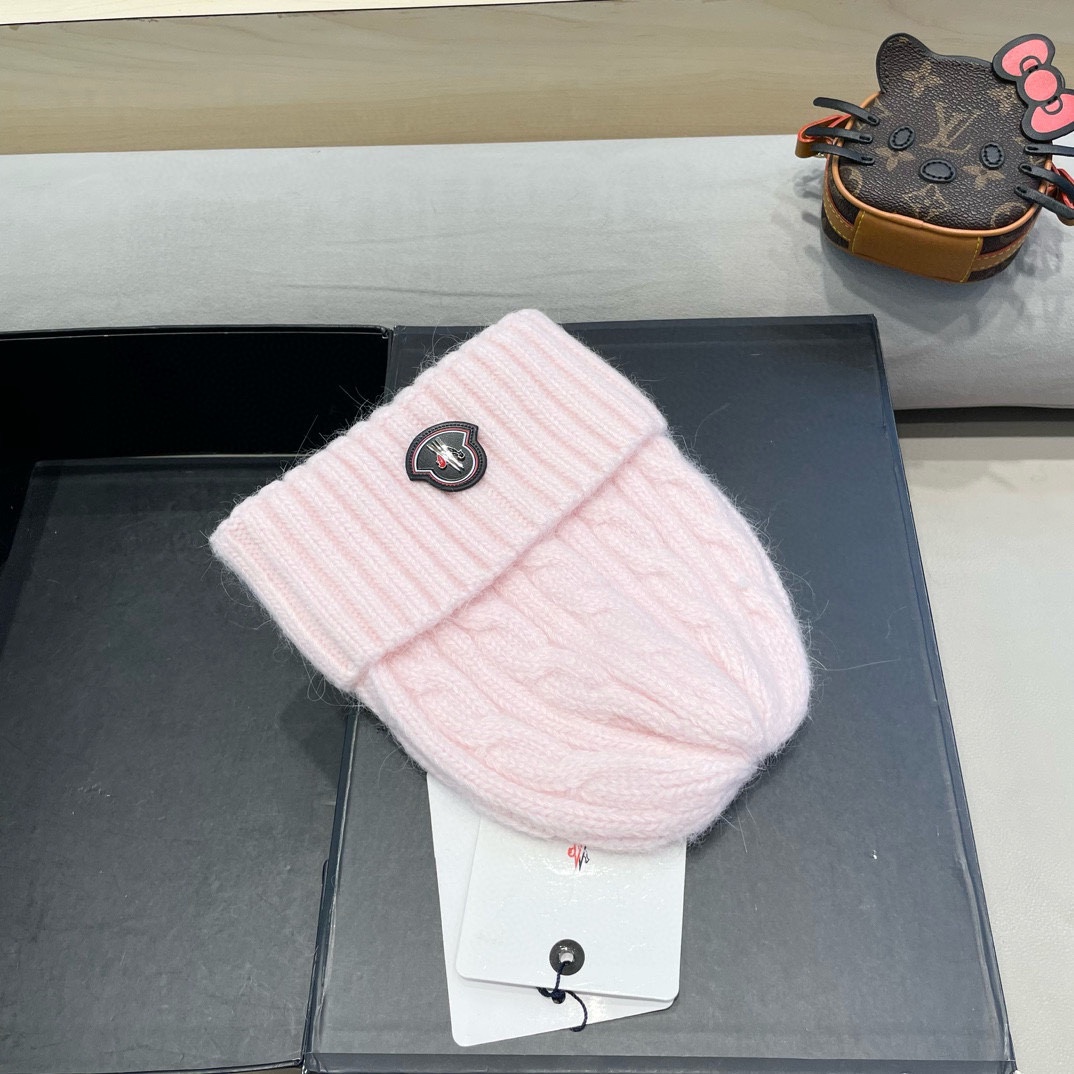 moncler毛线帽 女秋冬大头围可爱粉色兔毛女款冬天百搭麻花护耳针织帽子
